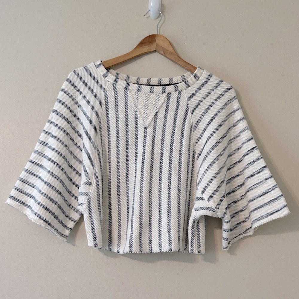Dolan Left Coast Collection White Blue Stripe Crop 100% Cotton Dolman Sleeve Med